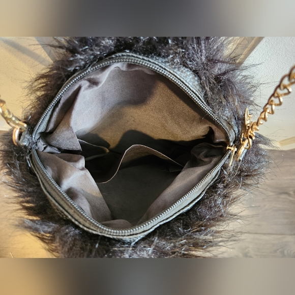 Black Fur Purse with Gold Chain Strap - Picture 3 of 4